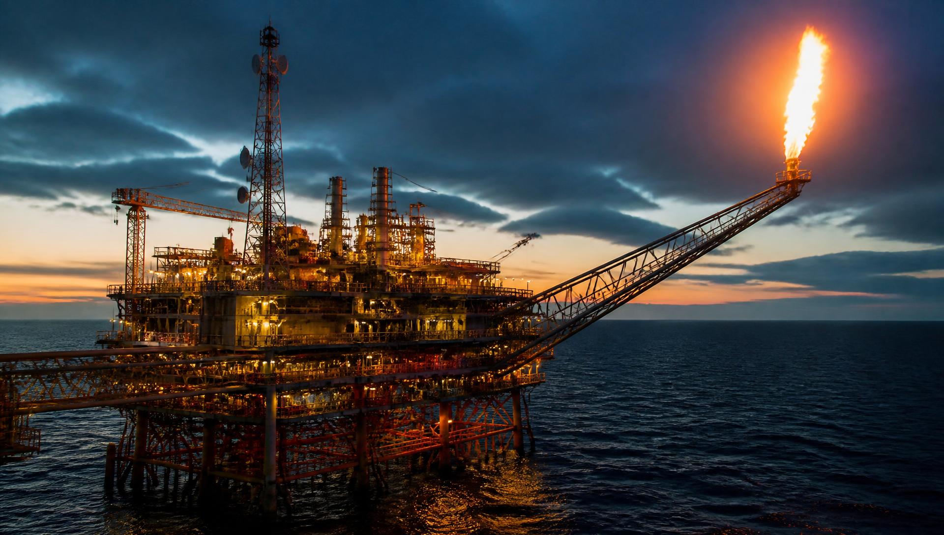 Offshore oil and gas production platform at dusk