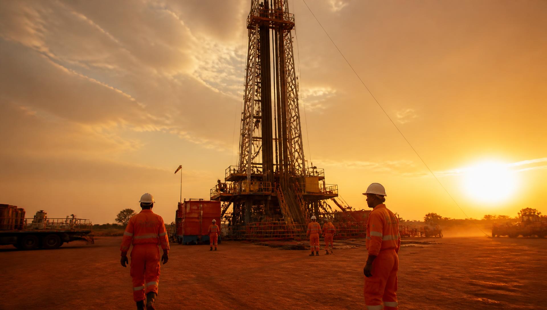 Onshore drilling rig at golden hour with crew on location